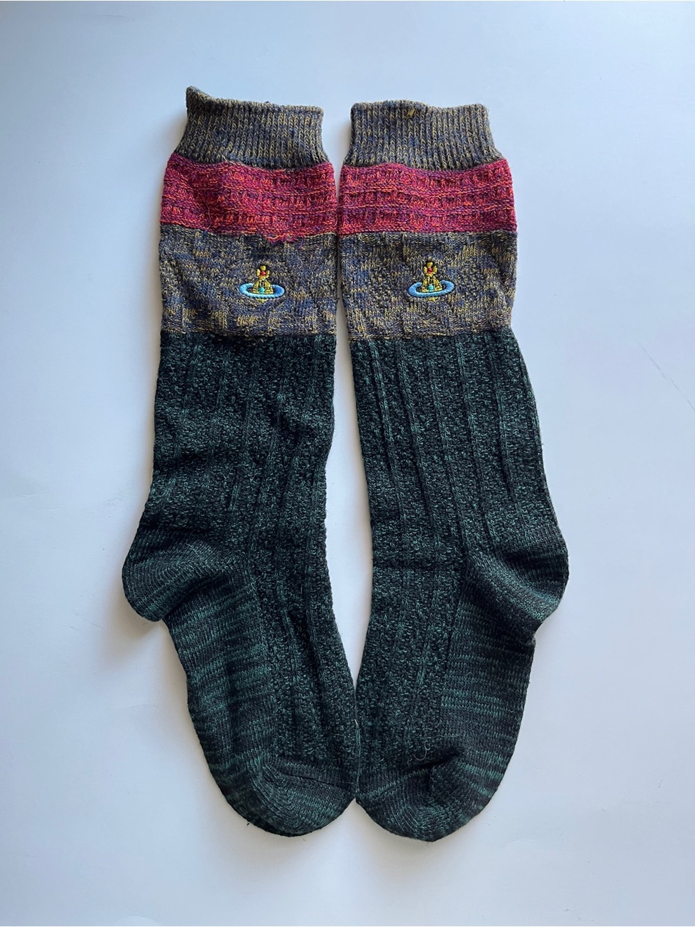 Vivienne Westwood Dark Green Crew Socks with Burgundy Cuff